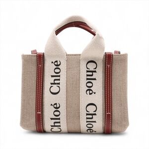 Chloe Woody Canvas Leather Handbag Brown